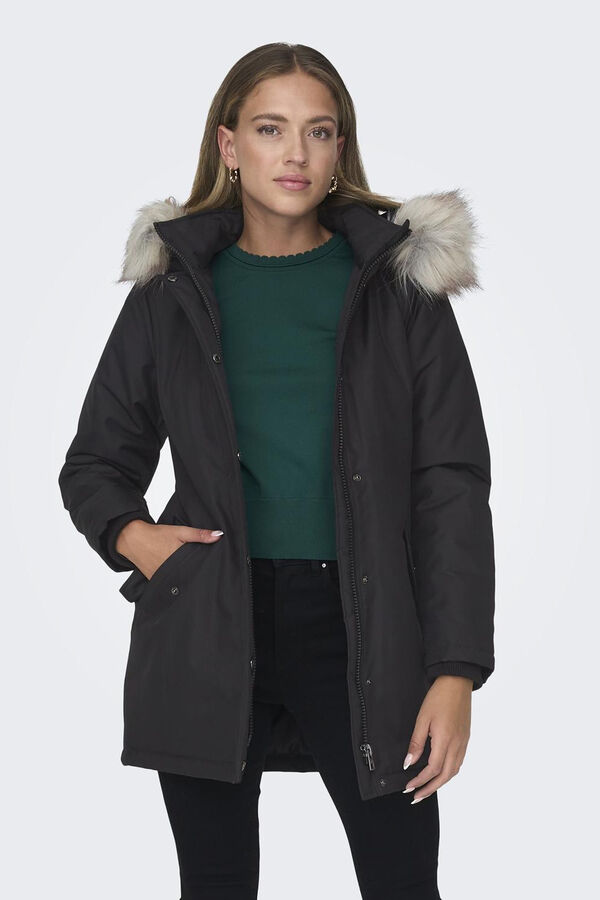 Only Parka con capucha con pelo negro