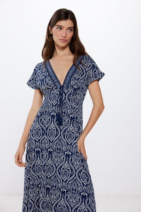 Springfield Midi Dress with Border Print Neckline bluish