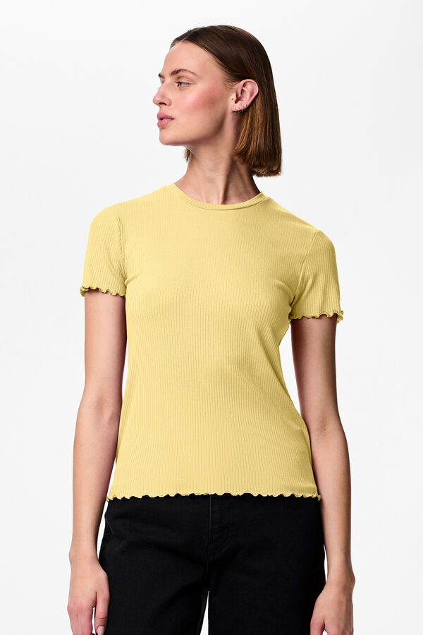 Pieces Geripptes T-Shirt  Gelb