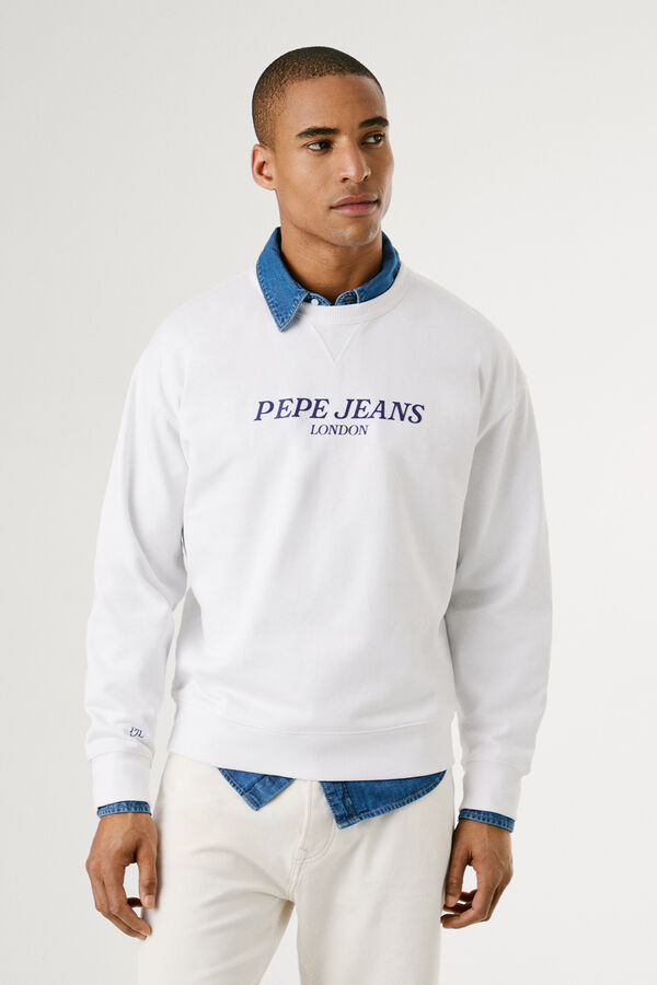 Pepe Jeans round neck sweatshirt with front logo and back print.  white