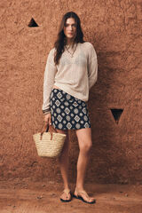 Springfield Kratka suknja od lana sa etno printom Crna