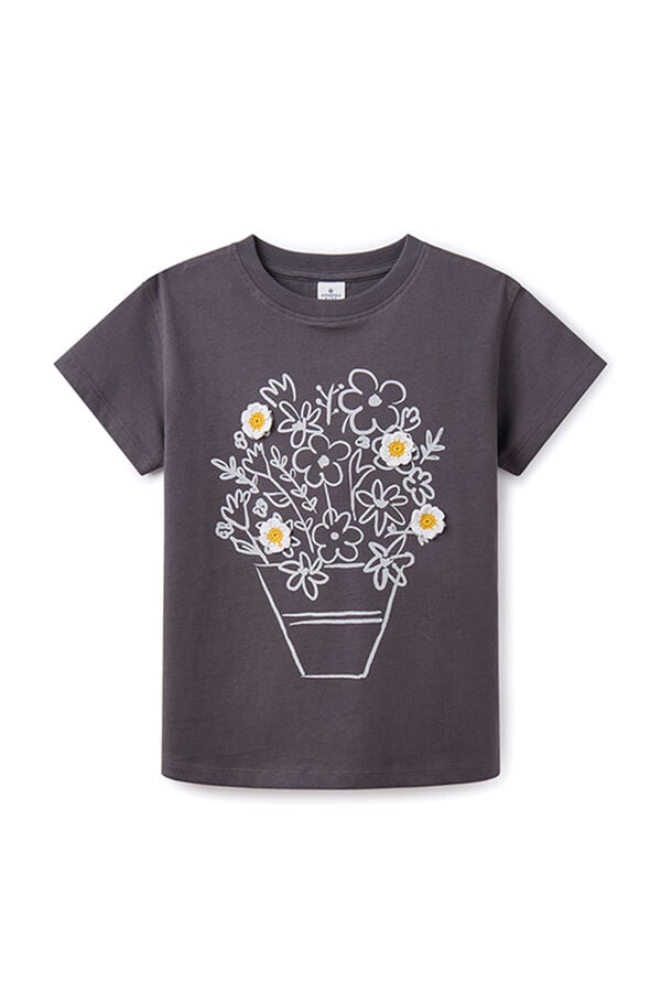 Springfield Girls' floral crochet T-shirt grey mix