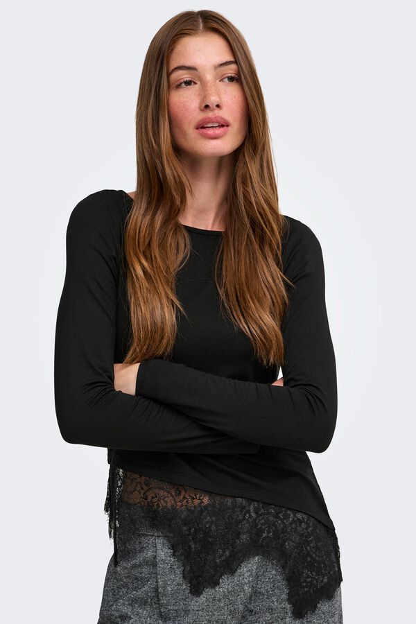 Only Top assim&eacute;trico de renda preto