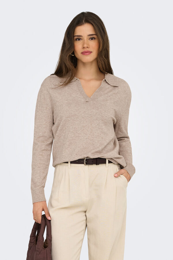 Only Polo de malha de manga comprida cru