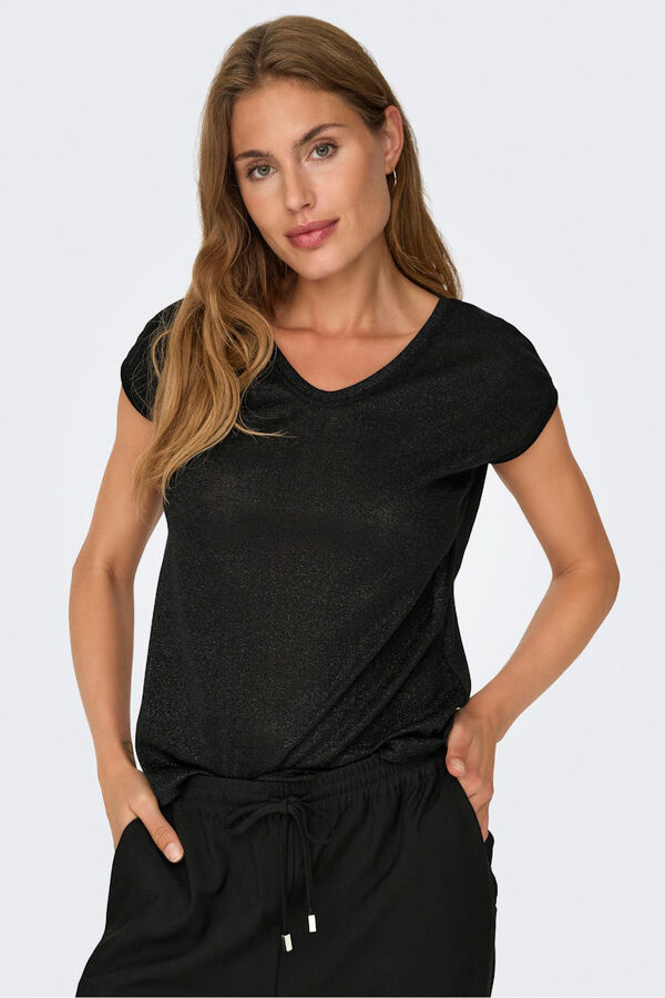 Only T-shirt manga curta em lurex preto