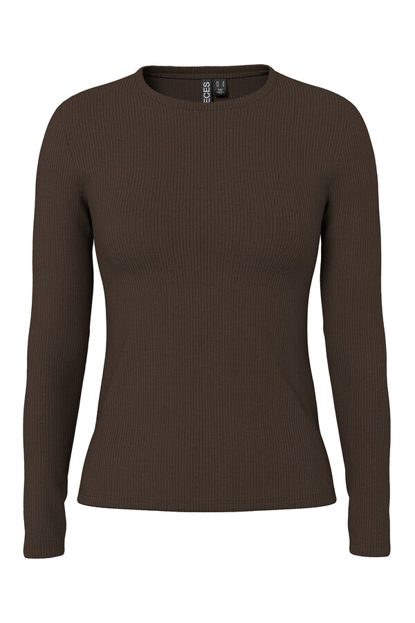 Pieces T-shirt canelada de manga comprida castanho