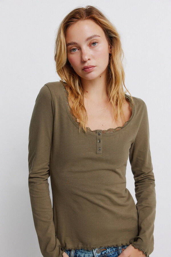 Springfield Čipkasta majica dugih rukava Kaki