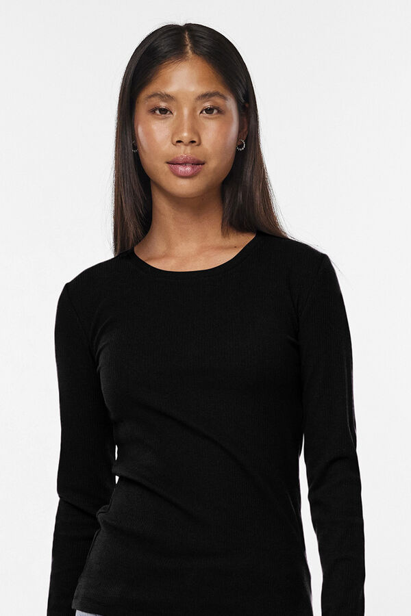 Pieces T-shirt canelada de manga comprida preto