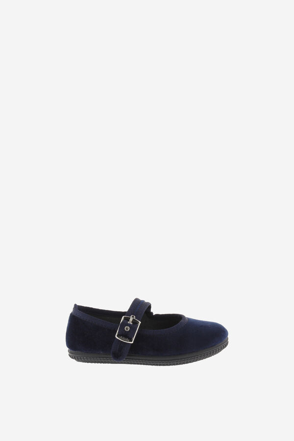 Victoria Kids Girls' velvet ballet flats with matching trim and buckle fastening blue