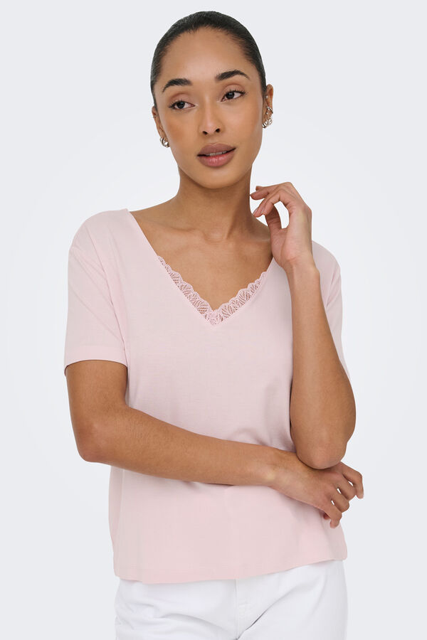 Only Camiseta encaje manga corta rosa