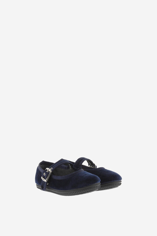 Victoria Kids Girls' velvet ballet flats with matching trim and buckle fastening blue