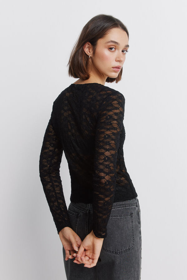 Springfield Majica sa čipkastiom cvetnom majicom Crna