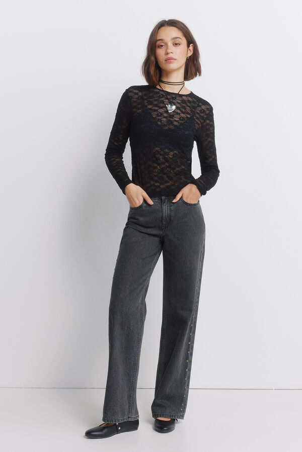 Springfield Majica sa čipkastiom cvetnom majicom Crna