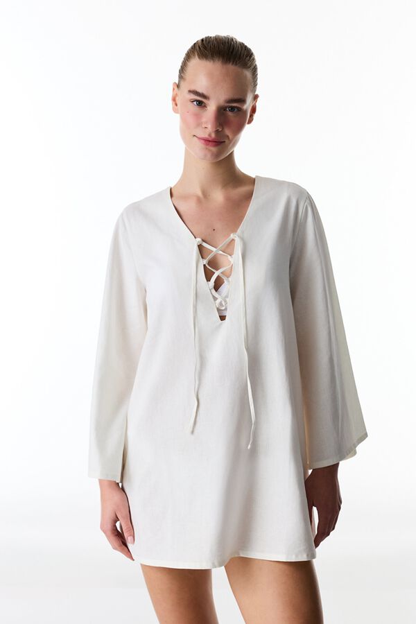 Penti Vestido corto de manga larga escote cord&oacute;n blanco