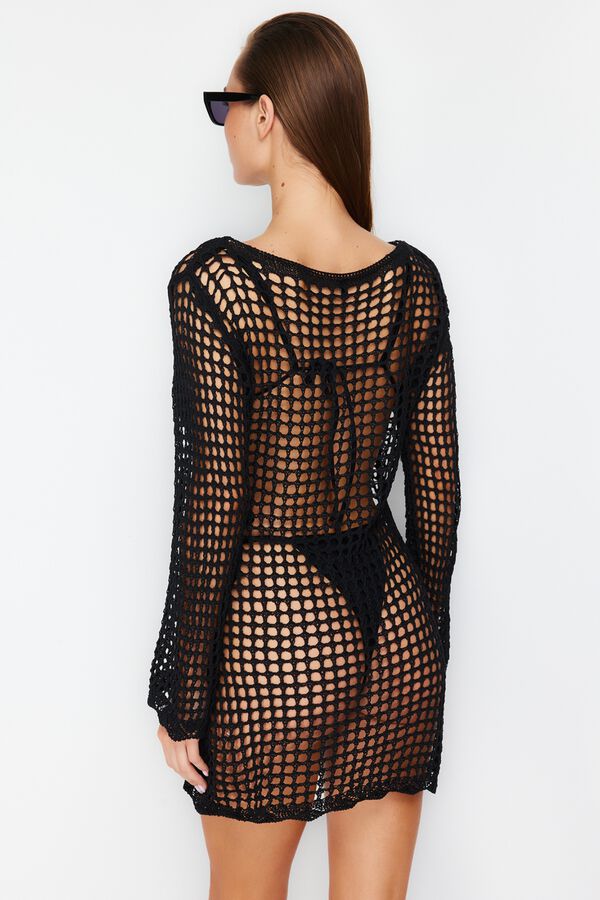 Trendyol Vestido corto crochet manga larga negro