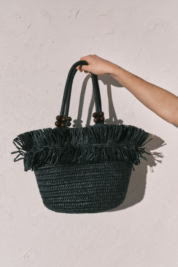Women'secret Black raffia fringe medium bag black