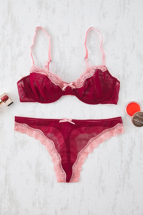 Trendyol Conjunto de lencer&iacute;a sin forro con tirantes, encaje de tul cereza oscuro y detalles de cinta y lazo.  burdeos