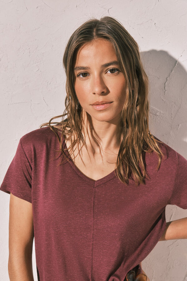 Women'secret Maroon linen viscose short sleeve T-shirt printed