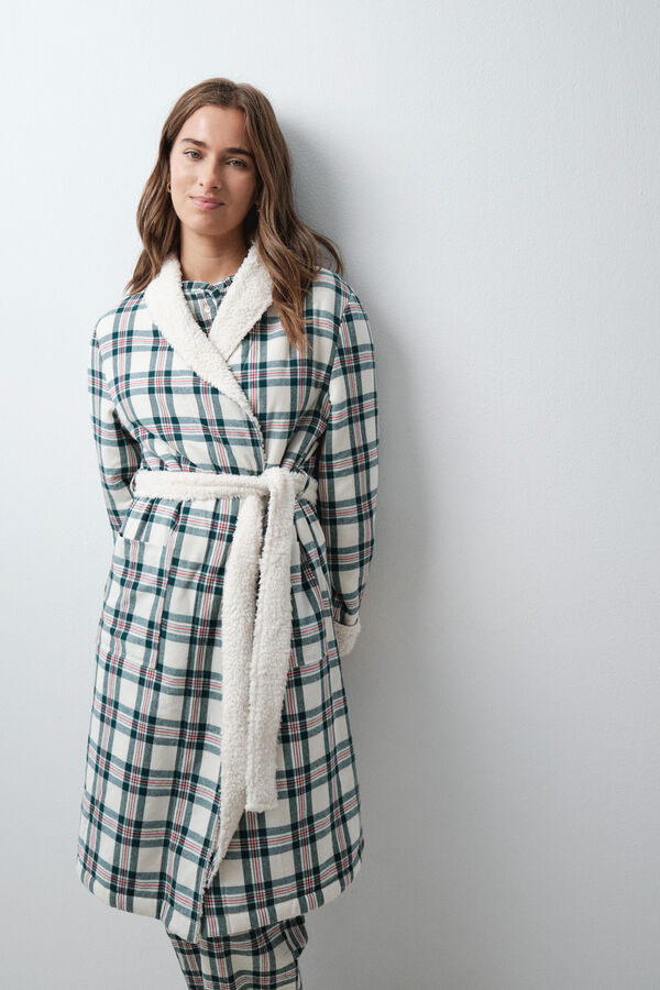 Women'secret Plaid faux fur long robe beige