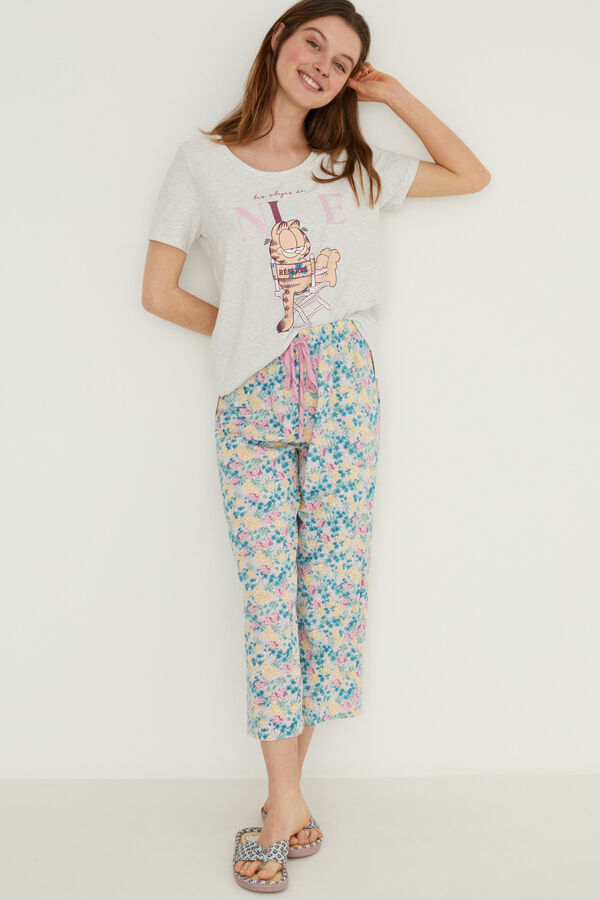 Womensecret Pijama largo algodón estampado flores Garfield gris