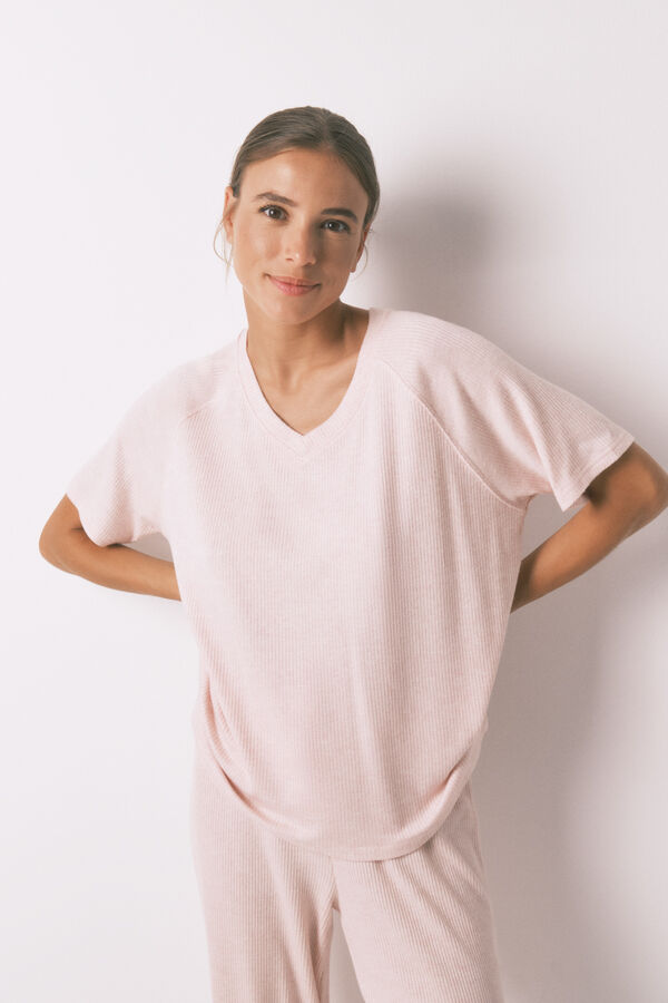 Women'secret Pijama largo canalé perchado rosa rosa