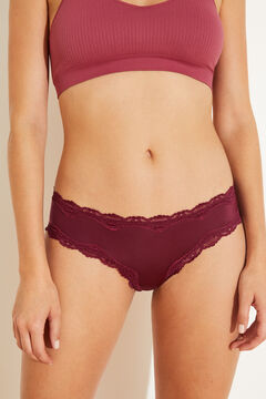Womensecret Maroon lace and microfibre wide side Brazilian panty printed