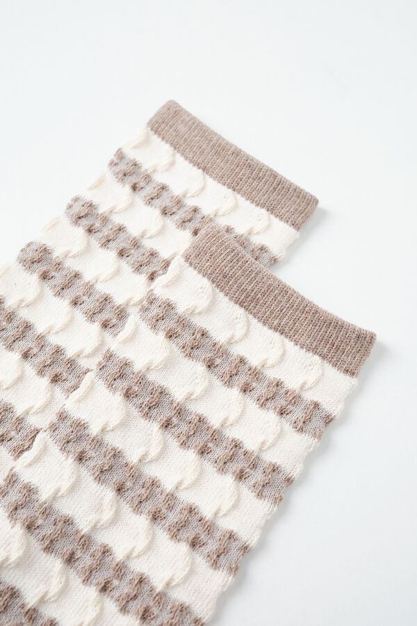 Women'secret Brown striped texture long socks nude
