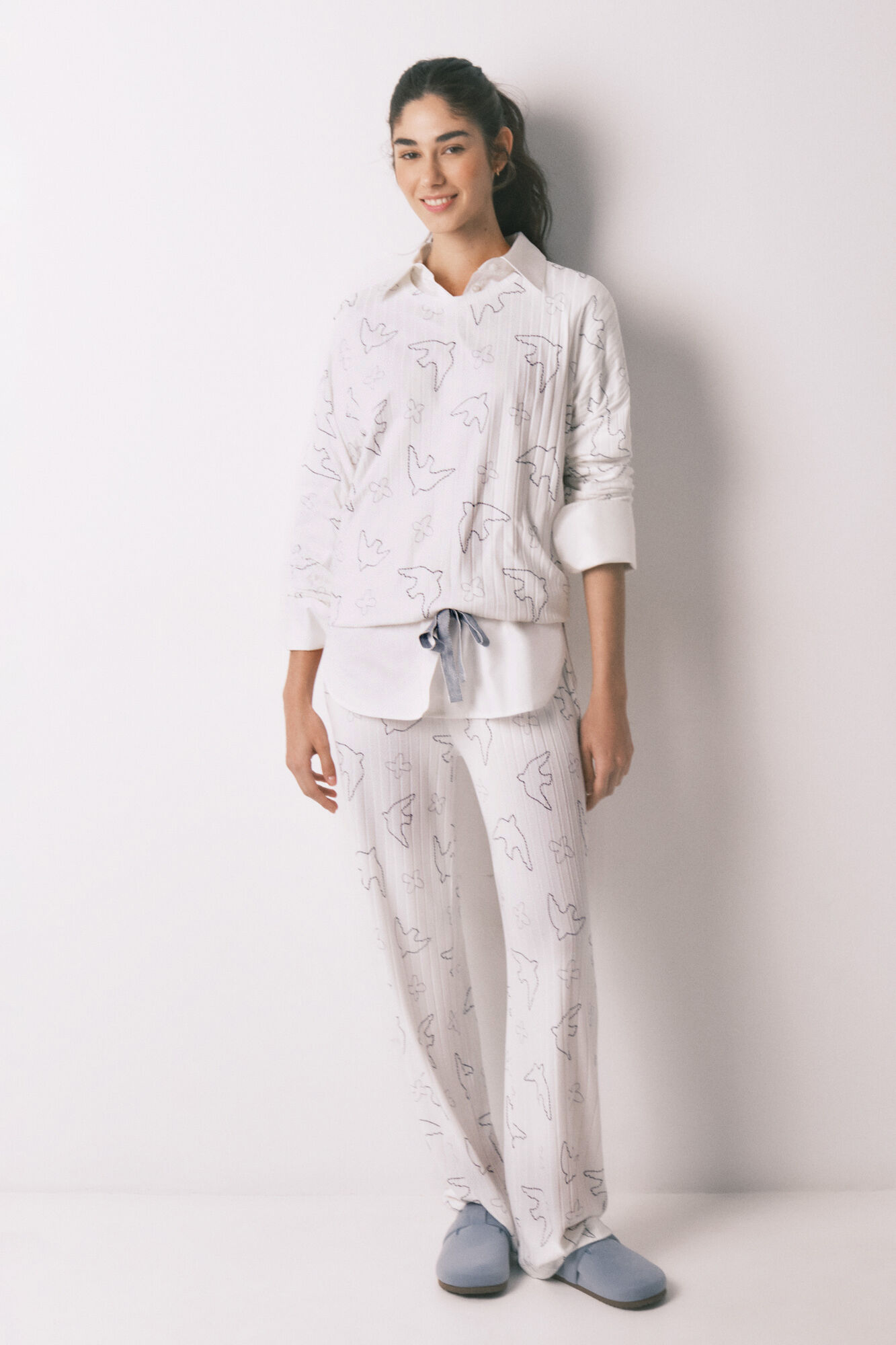 Women'secret Blue ribbed bird print long pyjamas