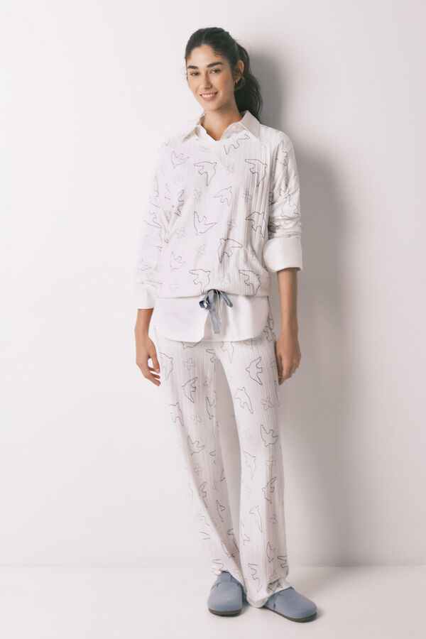 Women'secret Blue ribbed bird print long pyjamas white