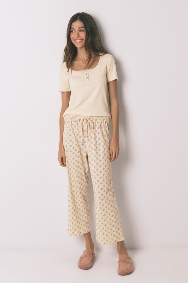 Women'secret Yellow cotton floral print capri pyjamas beige