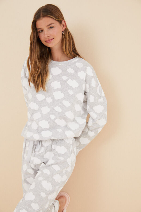 Womensecret Duga siva pidžama od 100 %-tnog pamuka s uzorkom oblaka Siva