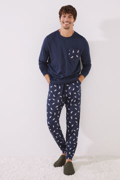 Womensecret Men's long blue printed 100% cotton pyjamas blue