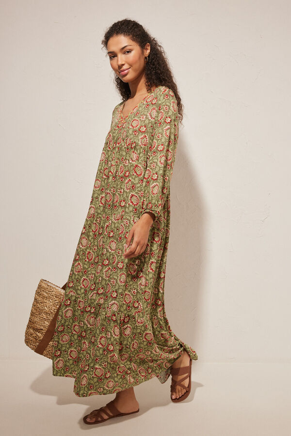 Womensecret Long dress with a multicoloured print on a green background green