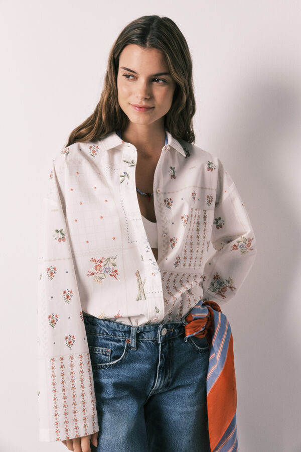 Women'secret Floral print poplin long sleeve shirt white