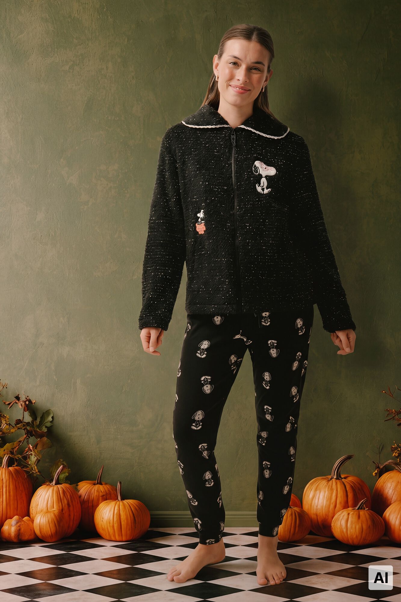 Women'secret Black faux shearling short robe Snoopy