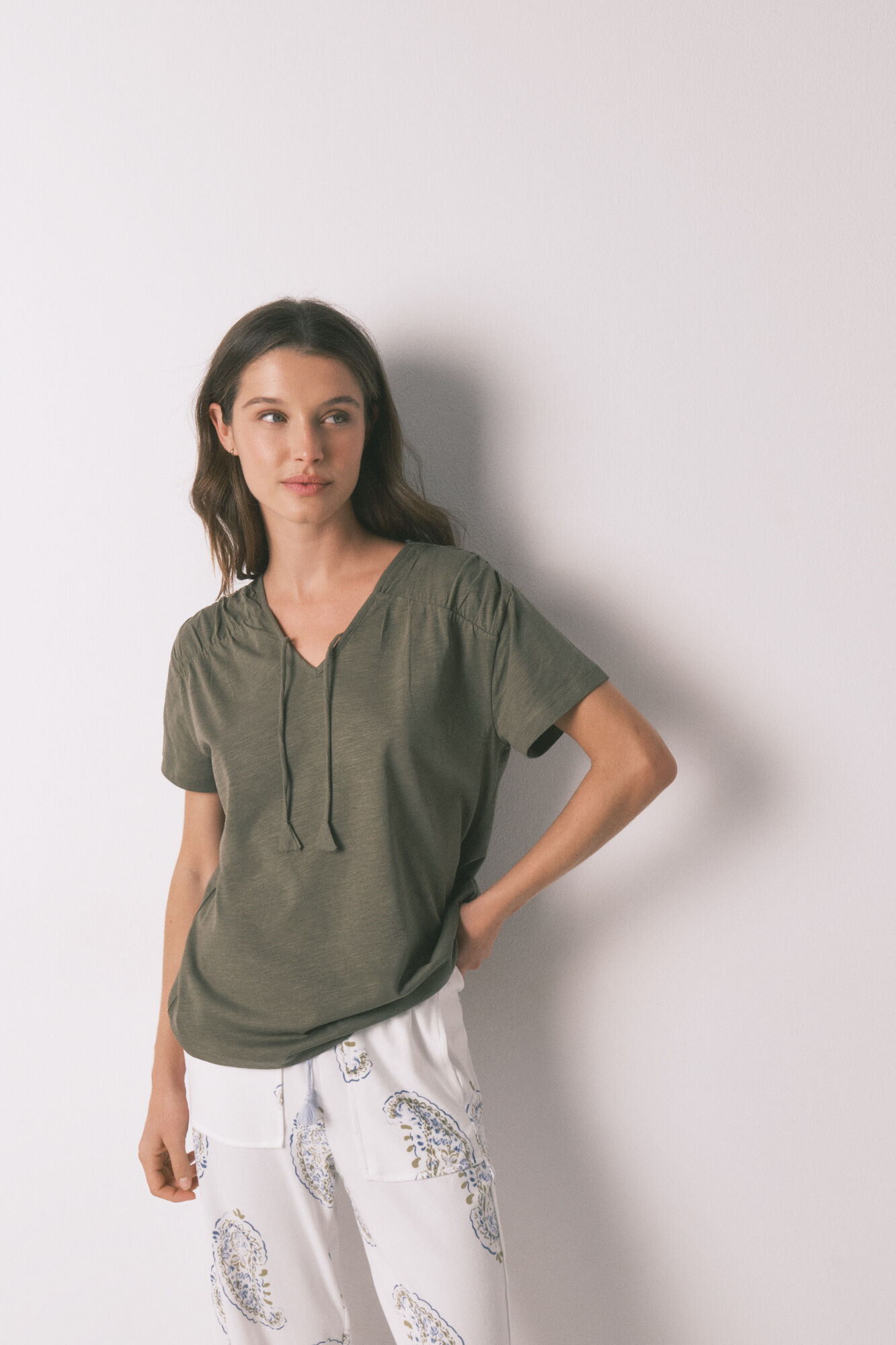 Women'secret Green cotton ruched short sleeve T-shirt