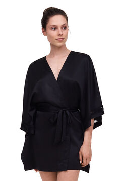 Womensecret Olivia satin kimono with lace and embroidered tulle fekete