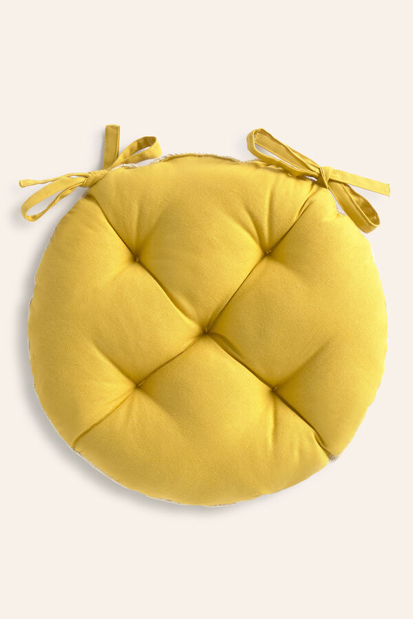 Calma House Berta rundes Stuhlkissen aus senfgelber Dhurrie-Baumwolle mit Print