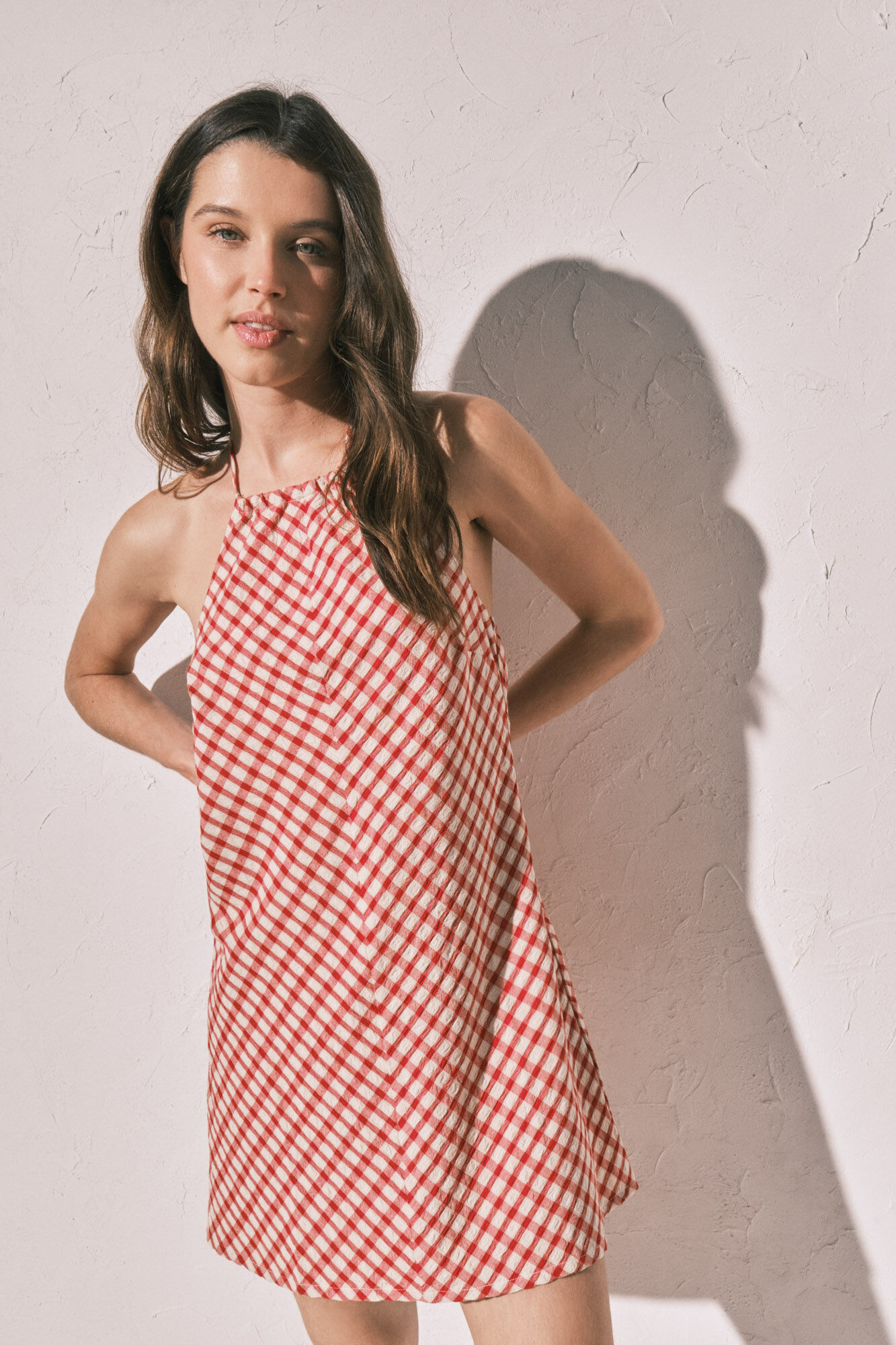 Women'secret Rotes kurzes Kleid mit Vichykaros-Print