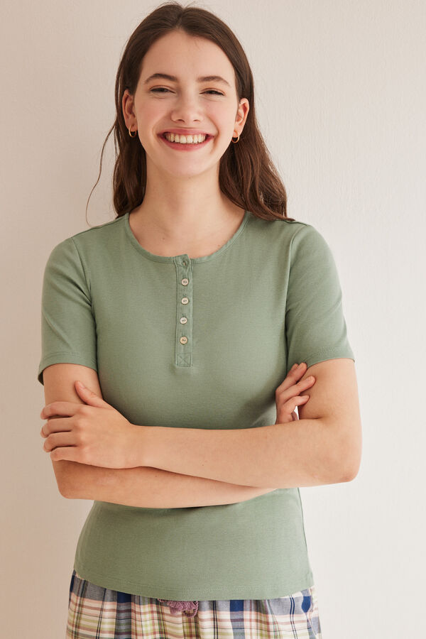 Womensecret Zelena majica od 100 % pamuka kratkih rukava i sa kragnom i kopčanjem na dugmiće Zelena