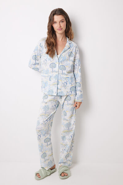 Womensecret Pijama largo camisero algodón allover paisaje estampado