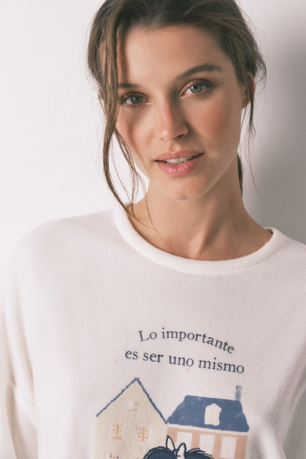 Women'secret Mafalda long fleece long pyjamas with gingham checks beige