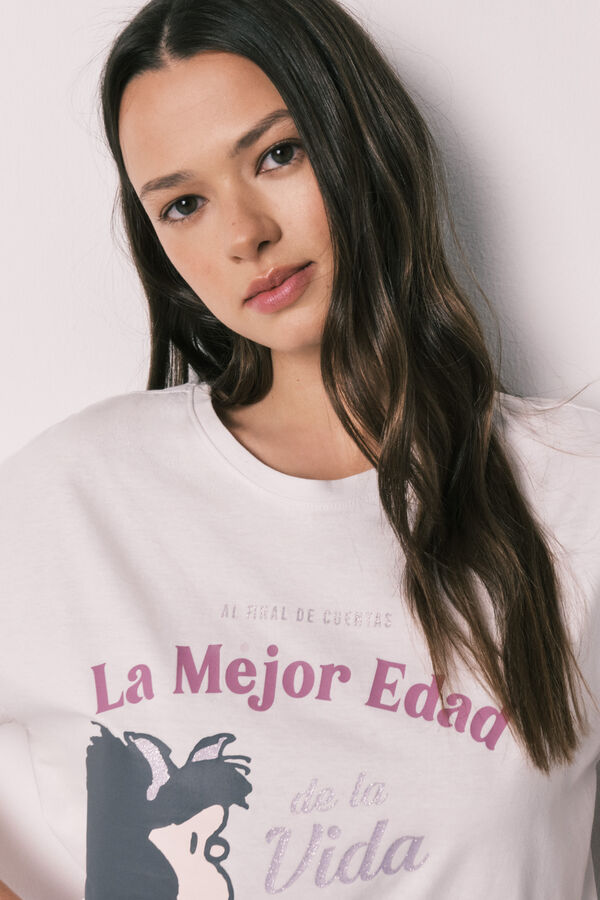 Women'secret Duga pamučna pidžama Mafalda sa cvetićima Bež