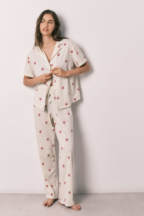Women'secret Striped floral cotton classic long pyjamas beige