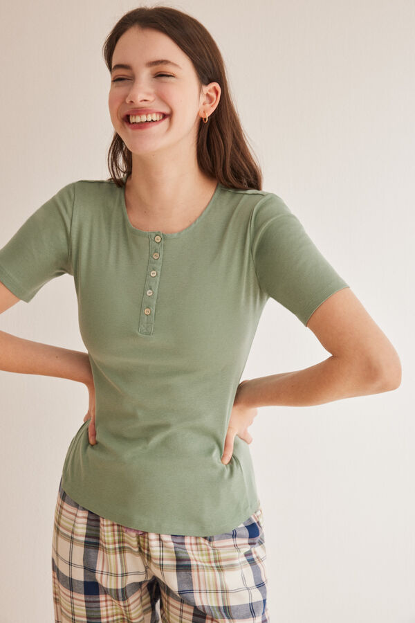 Womensecret Zöld színű, rövid ujjú, gombos nyakú póló 100% pamutból zöld