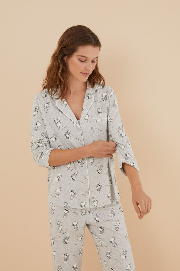 Womensecret Langer Pyjama Hemdlook 100 % Baumwolle Snoopy Grau