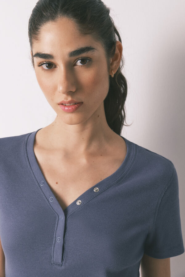 Women'secret Blue cotton ribbed short sleeve T-shirt blue