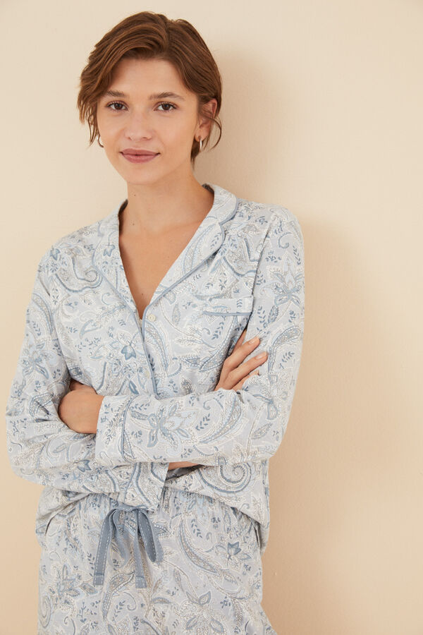 Womensecret Csillogós kasmírmintás, inges pizsama 100% pamutból szürke