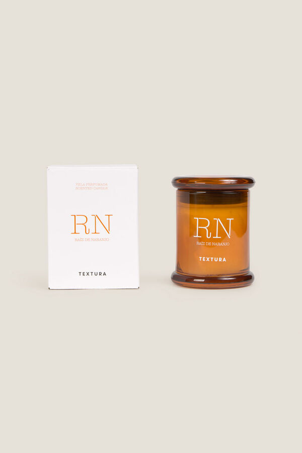 Textura Orange root scented candle mit Print