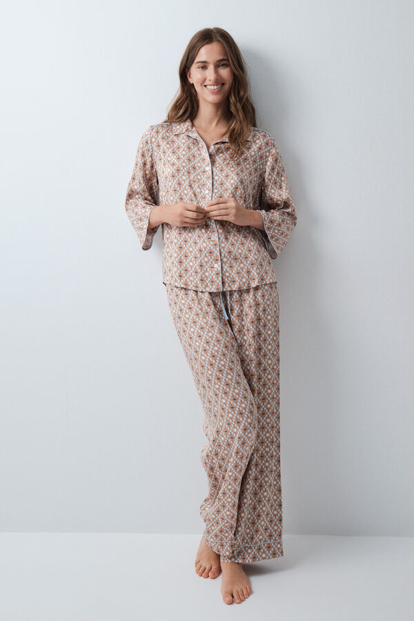 Women'secret Pijama largo camisero sat&eacute;n estampado geom&eacute;trico beige